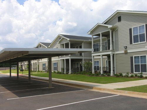 Westlake Apartments overhead parking spots in front of apartment buildings